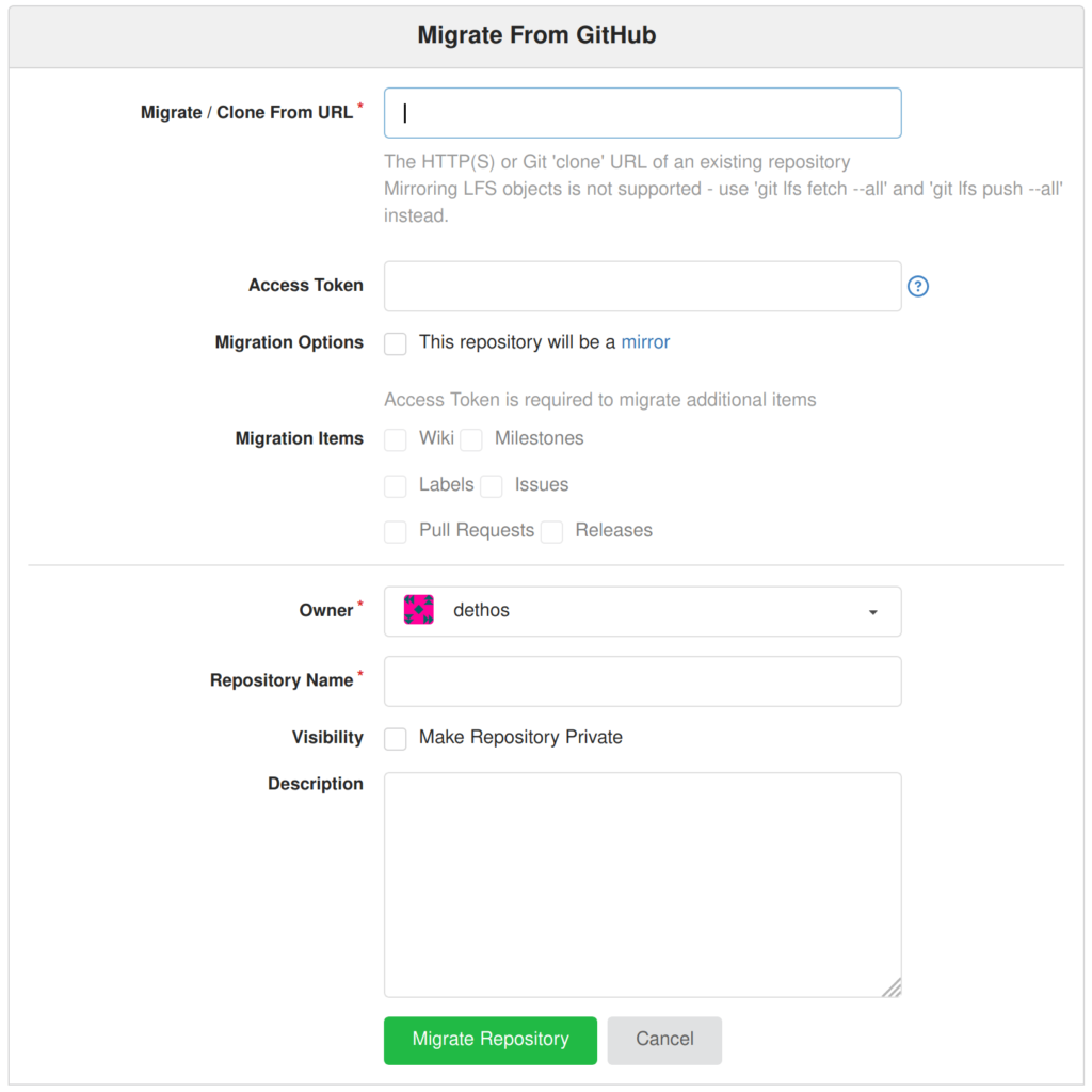 Screenshot of the page that lets the users create a new migration/mirror in Gitea.