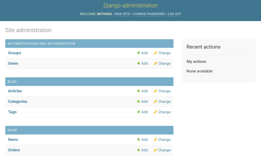 Regular Django admin dashboard, without any custom page on the menu.