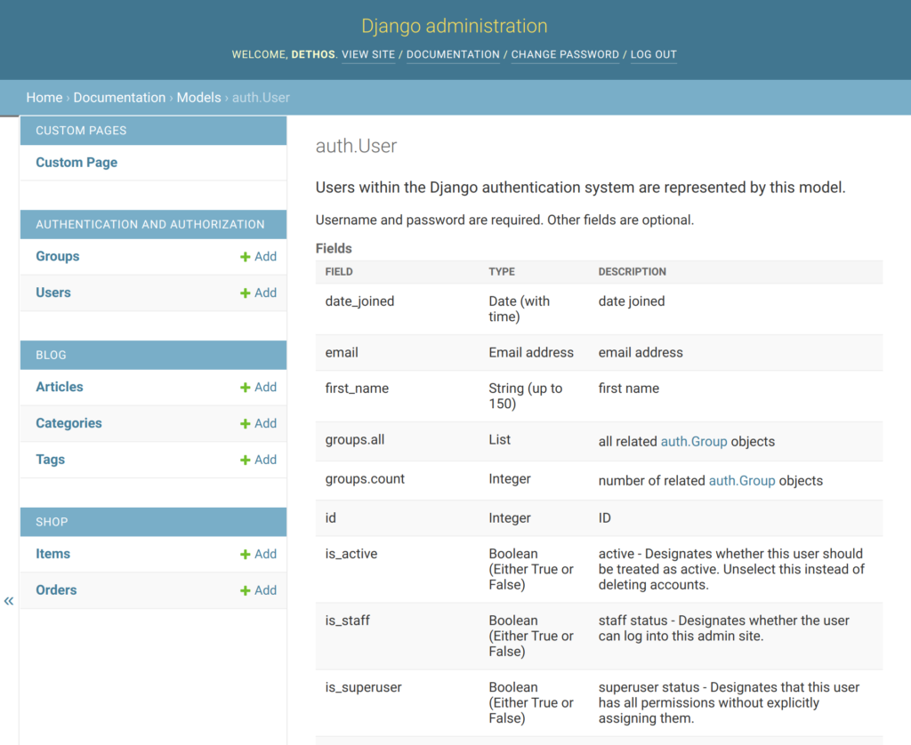 Checking a model reference in the admin documentation.