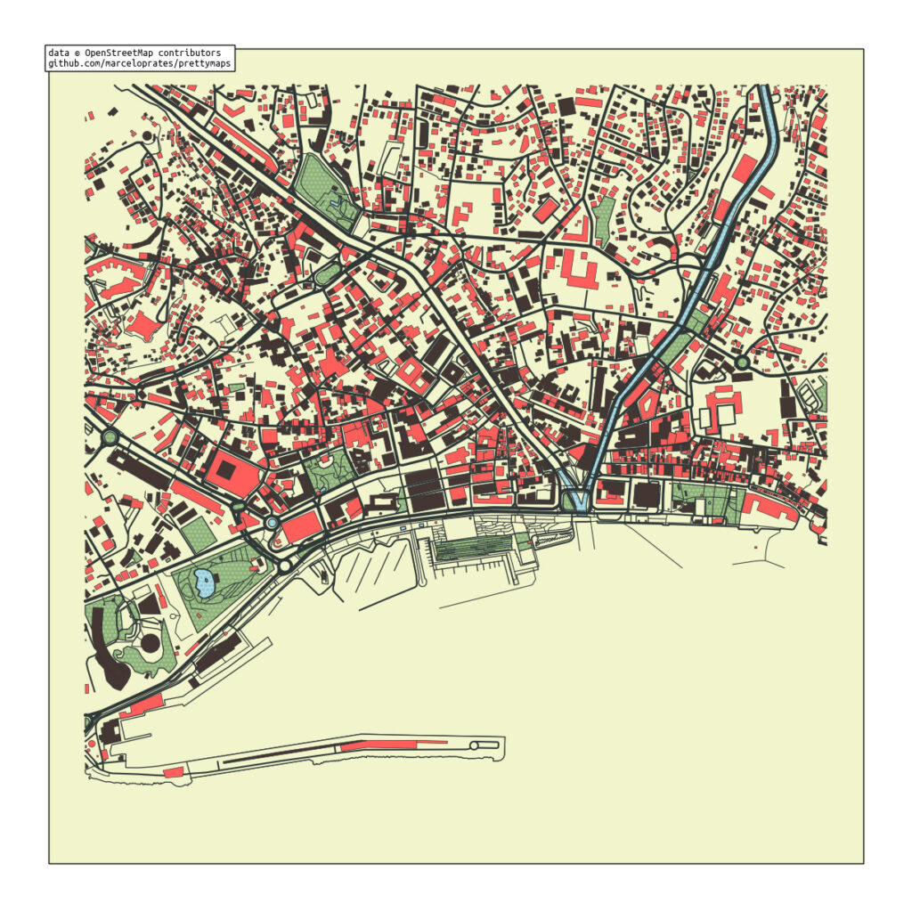 Funchal downtown, rendered using pretty maps.